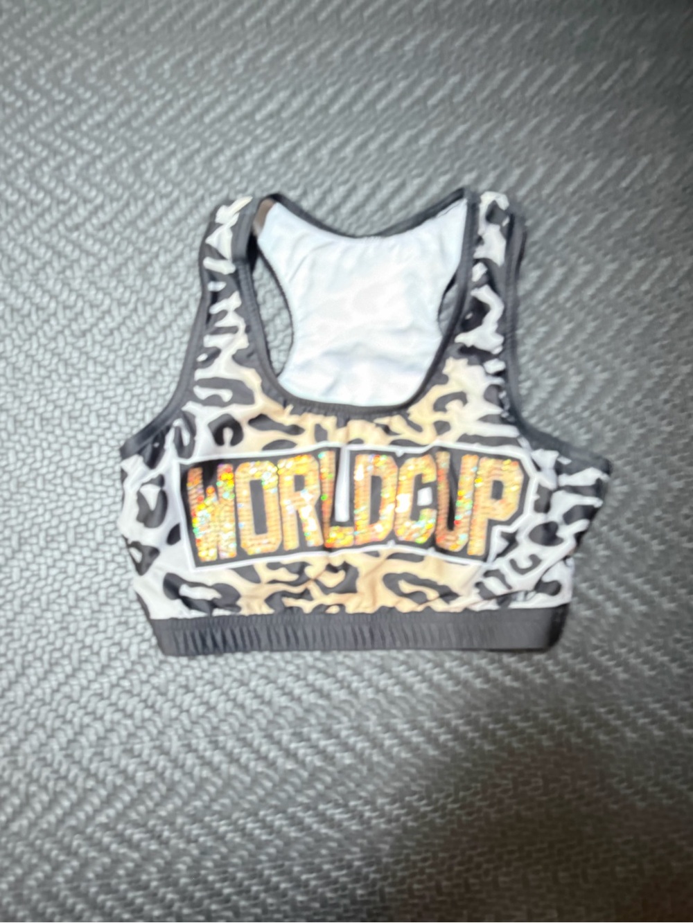 Varsity Leopard-Print Sequin 'WORLD CUP' Sports Crop Top in Gray and Black